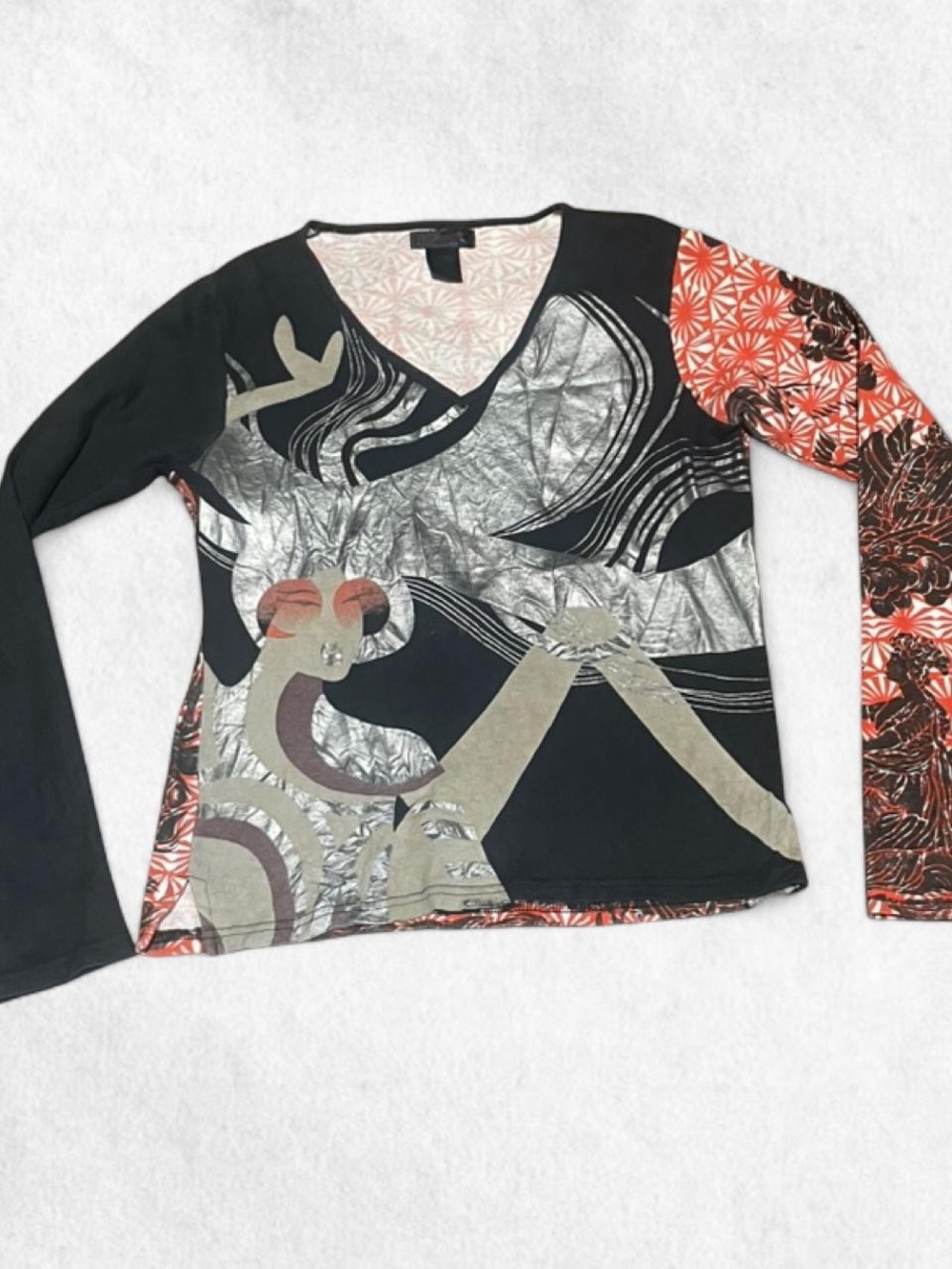 Custo Barcalona black and orange graphic long sleeve asymmetrical top